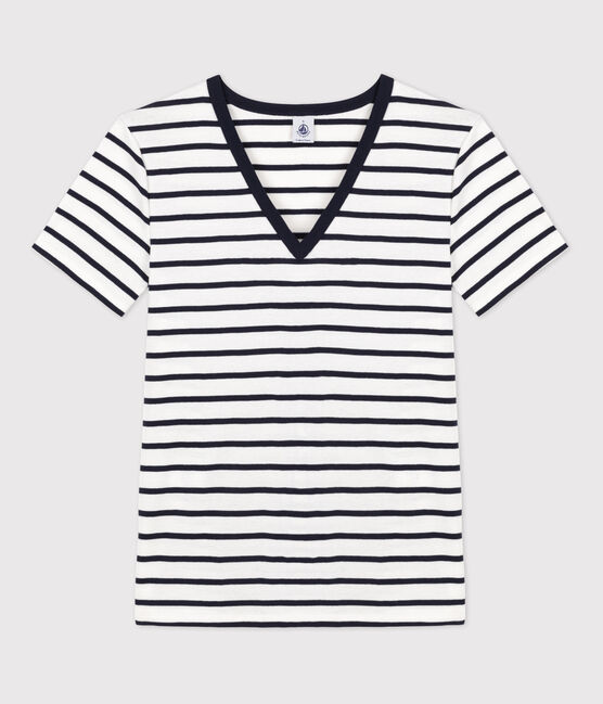 Camiseta LA ICONICA de algodón con cuello de pico para mujer blanco MARSHMALLOW/azul SMOKING