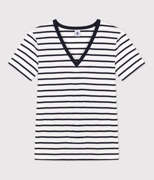 Camiseta LA ICONICA de algod&oacute;n con cuello de pico para mujer blanco/azul