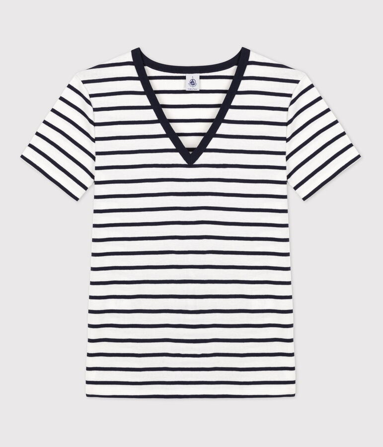 Camiseta LA ICONICA de algod&oacute;n con cuello de pico para mujer blanco/azul