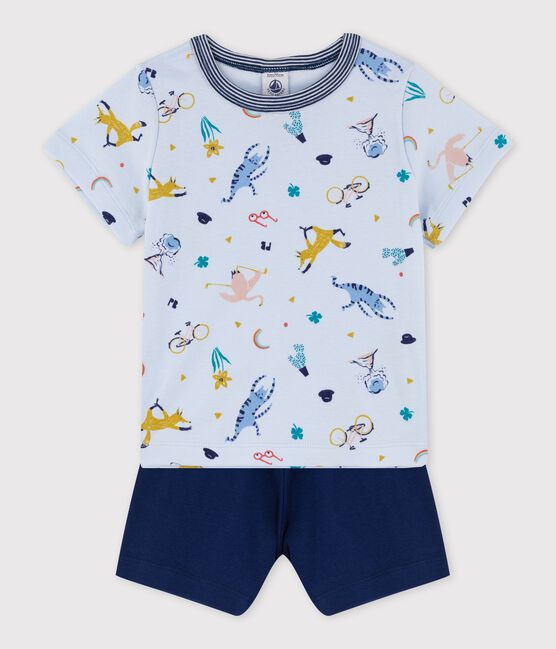 Pijama corto de algodón con estampado de animales de yoga de niño azul FRAICHEUR/blanco MULTICO