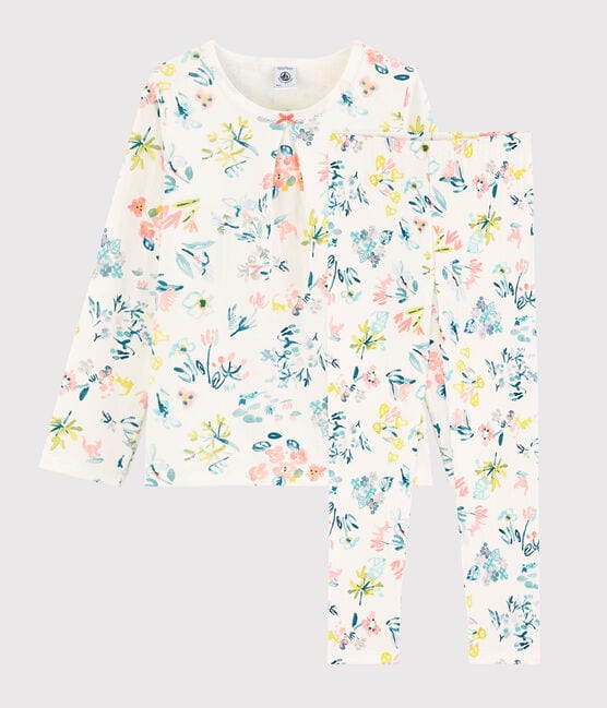 Pijama de flores primaverales de niña de tejido tubular blanco MARSHMALLOW/blanco MULTICO