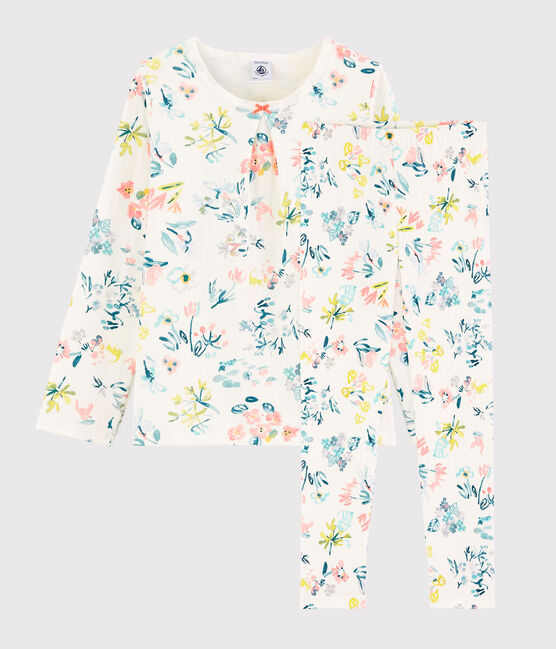 Pijama de flores primaverales de niña de tejido tubular blanco MARSHMALLOW/blanco MULTICO