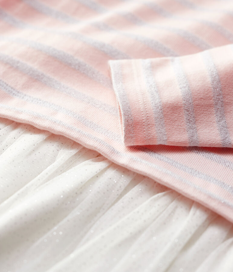 Vestido de manga larga de algod&oacute;n y tul de ni&ntilde;a rosa/MARSHMALLOW ARGENT BRILLANT