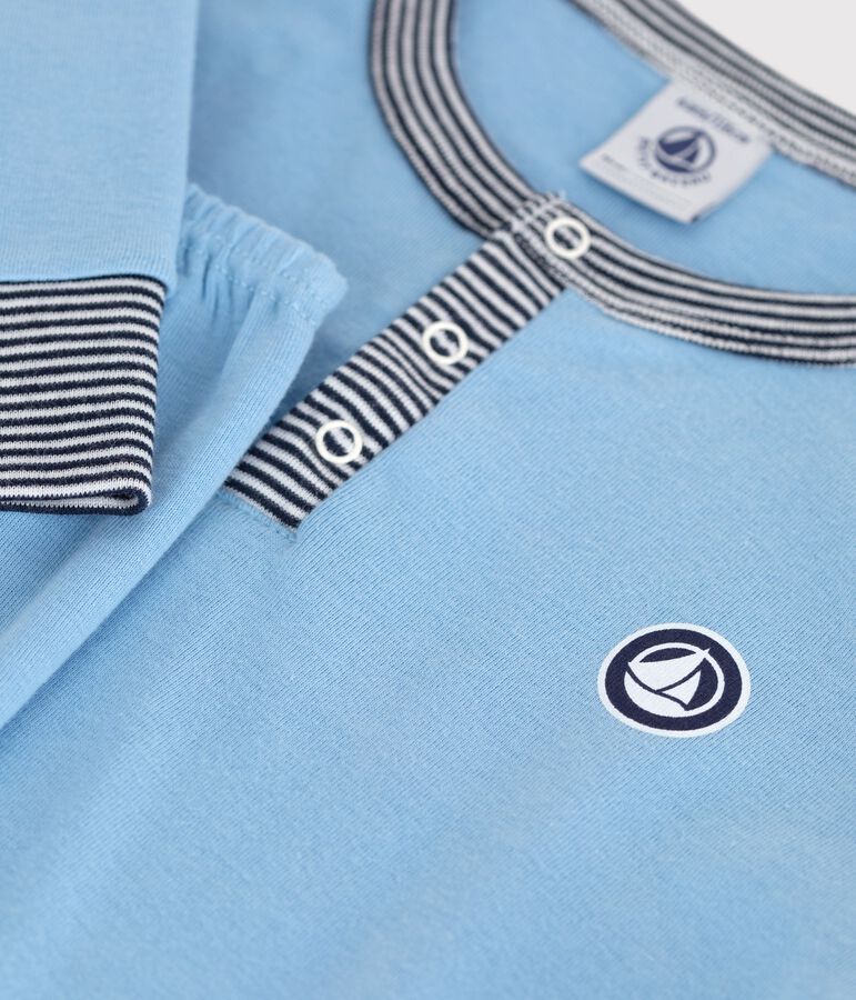 Pijama infantil liso de algod&oacute;n con cuello mao azul