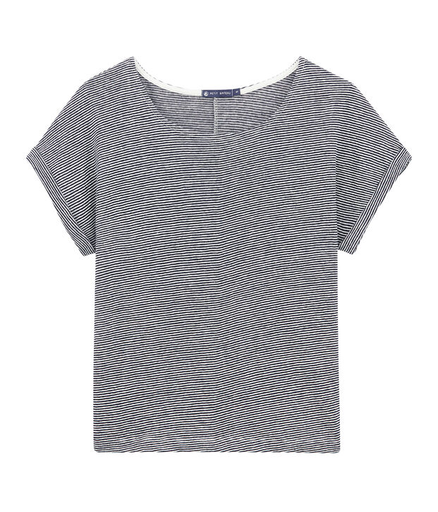 Camiseta brillante de lino milrayas para mujer azul/blanco