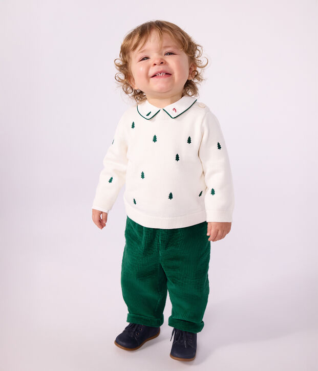 Jersey de lana y algod&oacute;n con abetos bordados para beb&eacute; crudo/verde