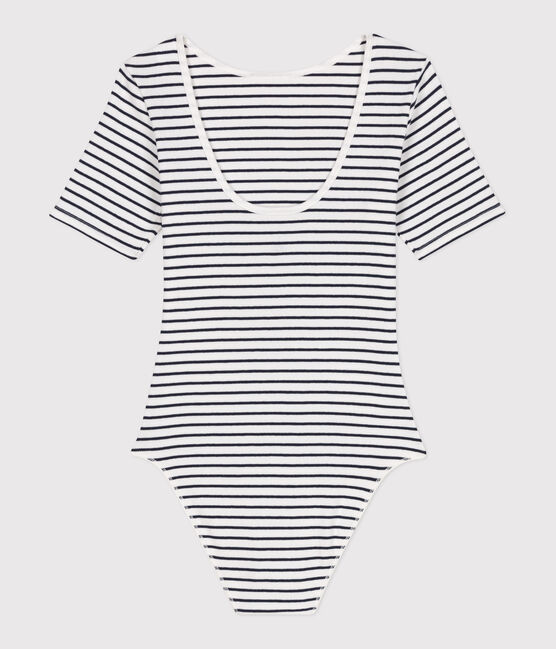 Body de manga corta de algodón y elastano con rayas para mujer blanco MARSHMALLOW/azul SMOKING