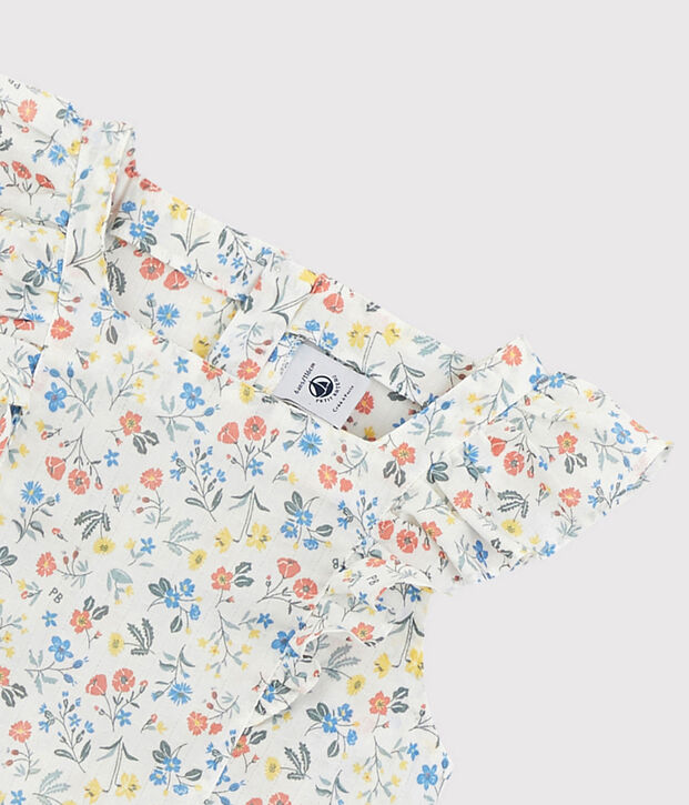 Vestido de manga corta de popelina de ni&ntilde;a blanco/multicolor