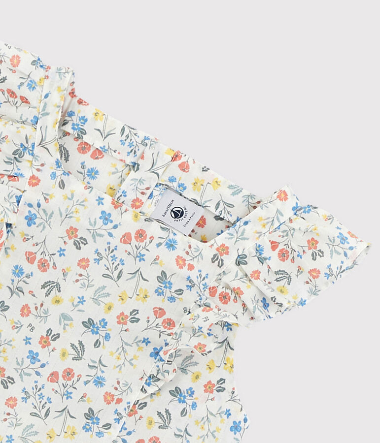 Vestido de manga corta de popelina de ni&ntilde;a blanco/multicolor