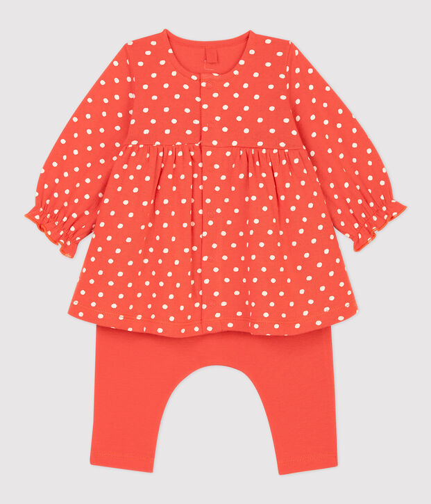 Vestido de lunares de beb&eacute; de ni&ntilde;a de algod&oacute;n org&aacute;nico naranja/blanco