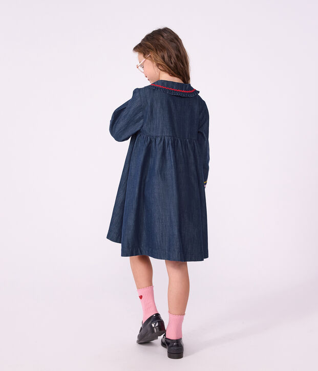 Vestido infantil liso de manga larga de tejido denim azul