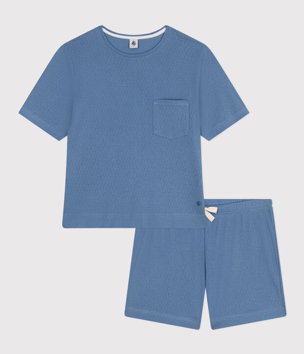 Pijama con pantal&oacute;n corto y camiseta lisa de algod&oacute;n calado para mujer azul