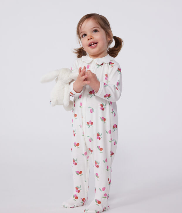 Pijama de algod&oacute;n con cuello p&eacute;talo de frutas para beb&eacute; blanco/multicolor
