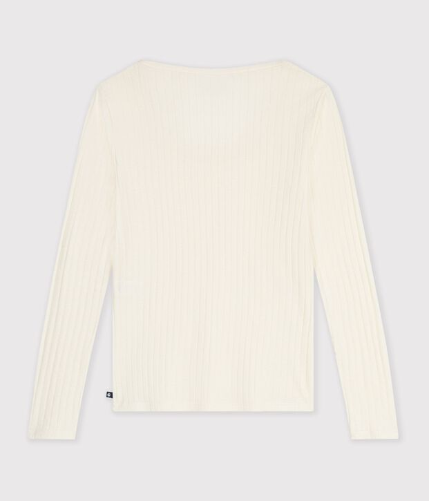Camiseta lisa de lana y algod&oacute;n con cuello bailarina para mujer MILK
