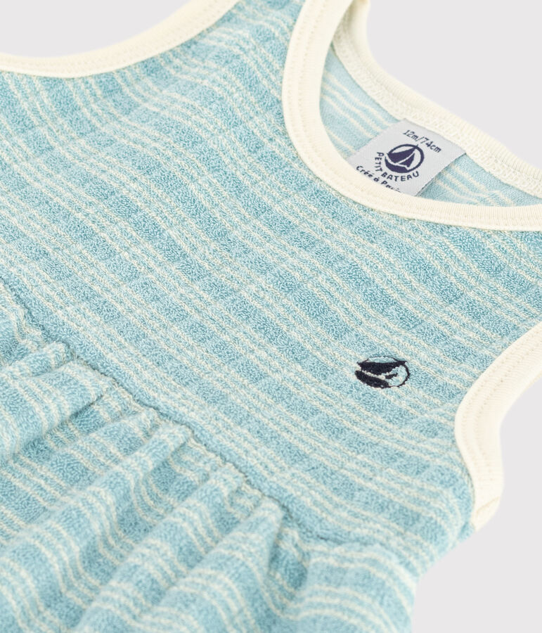 Vestido sin mangas de rizo a rayas para beb&eacute; verde/crudo