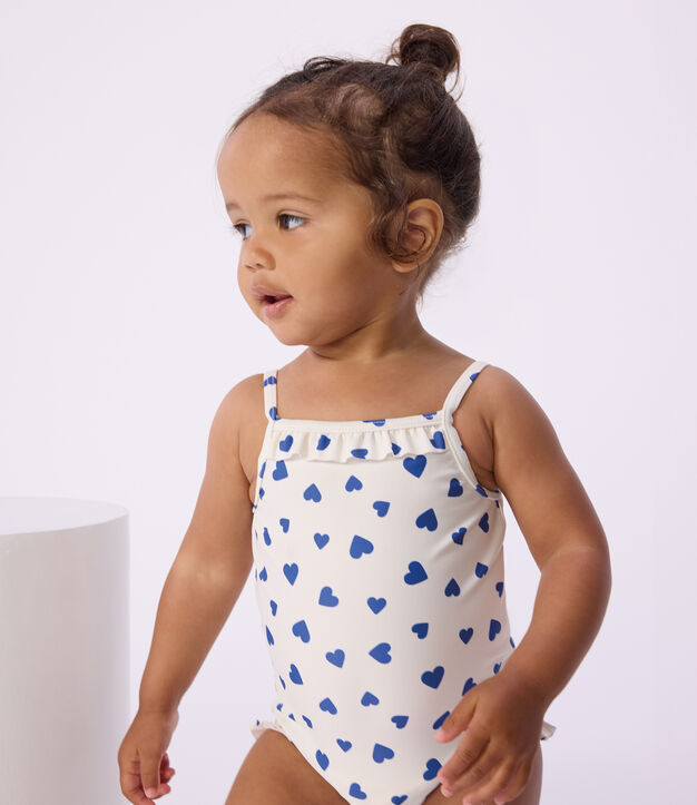 Ba&ntilde;ador con volantes y estampado de corazones para beb&eacute; blanco/azul