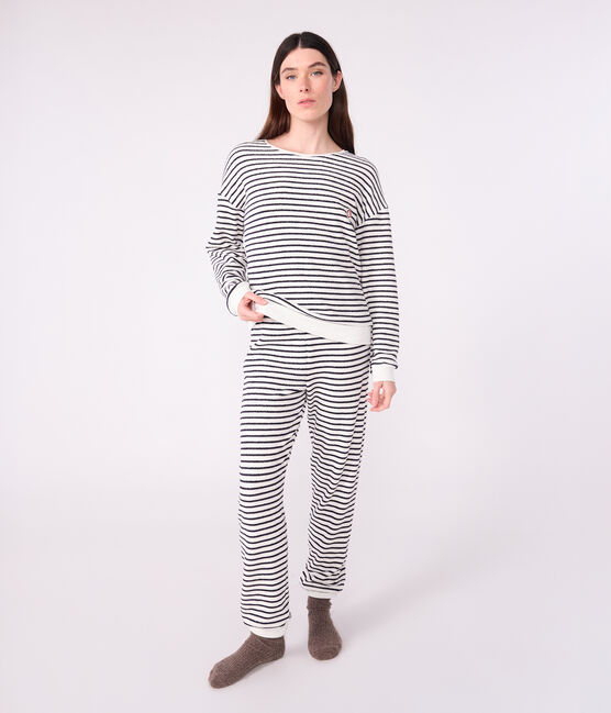 Pijama de rizo de algodón a rayas para mujer azul MILK/ SOIR