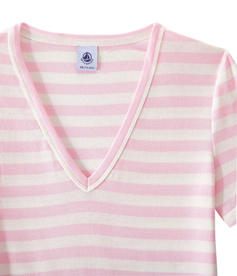 Camiseta de canal&eacute; original de rayas con cuello en pico para mujer rosa/blanco