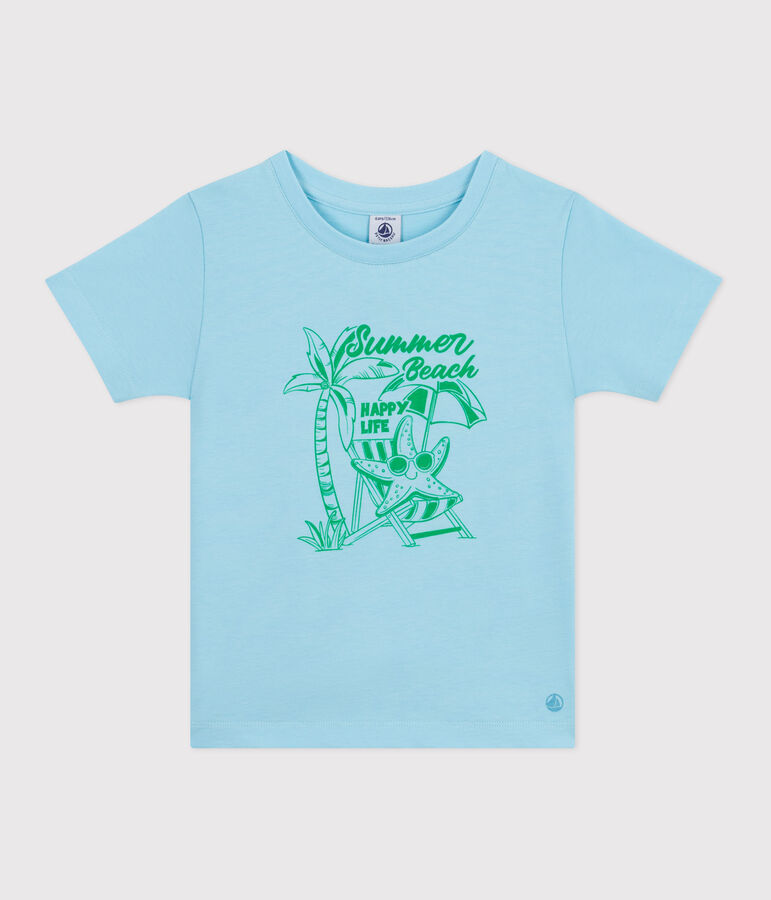 Camiseta infantil de manga corta de algod&oacute;n con estampado azul