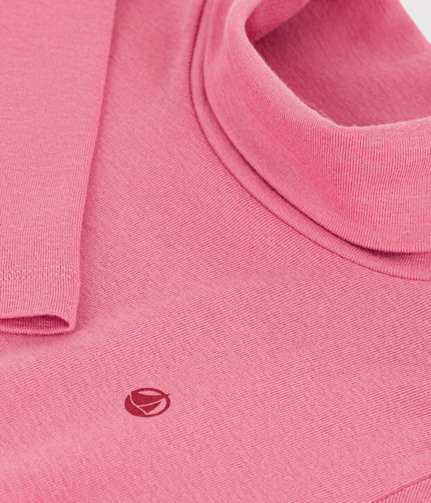 Camiseta infantil lisa de cuello alto de algod&oacute;n rosa