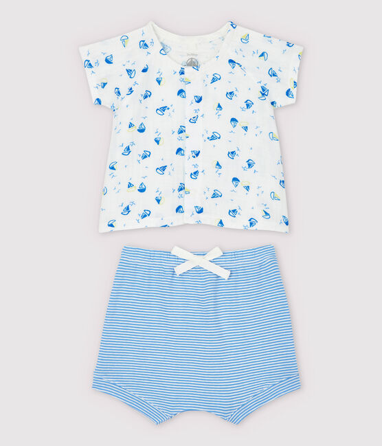 Conjunto de 2 prendas azules de bebé en tela de pañal y algodón ecológico blanco MARSHMALLOW/blanco MULTICO