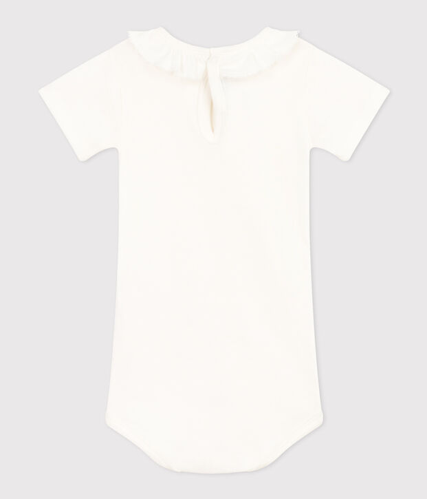 Body de manga corta de algod&oacute;n con cuello isabelino para beb&eacute; blanco