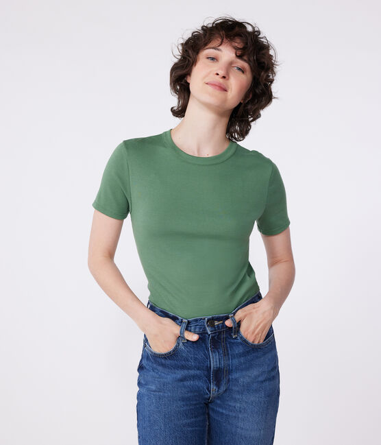 Camiseta de lino de manga corta para mujer verde PALMERAIE
