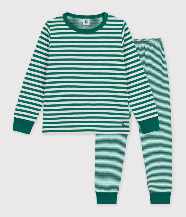 Pijama infantil de t&uacute;bico a rayas verde/beige