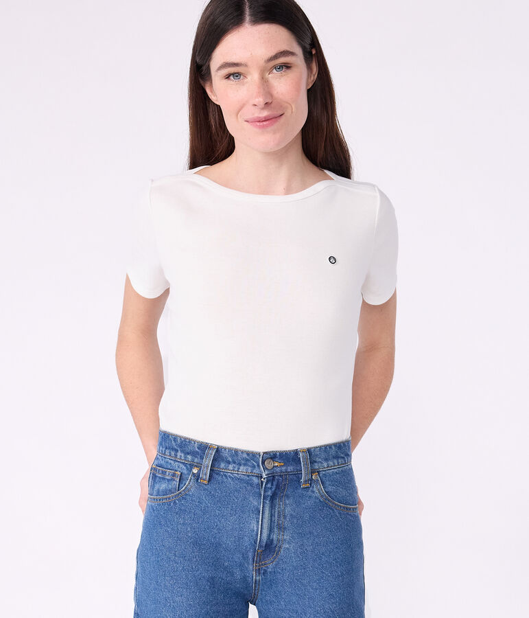 Camiseta ic&oacute;nica de mujer con cuello almirante de algod&oacute;n blanco