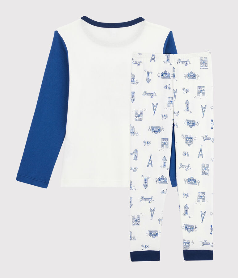 Pijama con dibujo de Par&iacute;s de ni&ntilde;o peque&ntilde;o de punto blanco MARSHMALLOW/azul BLEU/ MULTICO