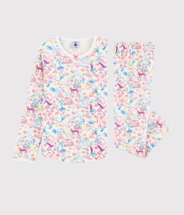 Pijama con estampado de jungla de ni&ntilde;a de algod&oacute;n blanco/multicolor