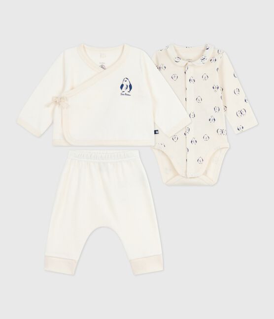 Conjunto para bebé de 3 piezas con jersey cruzado y body con estampado de pingüinos crudo MILK