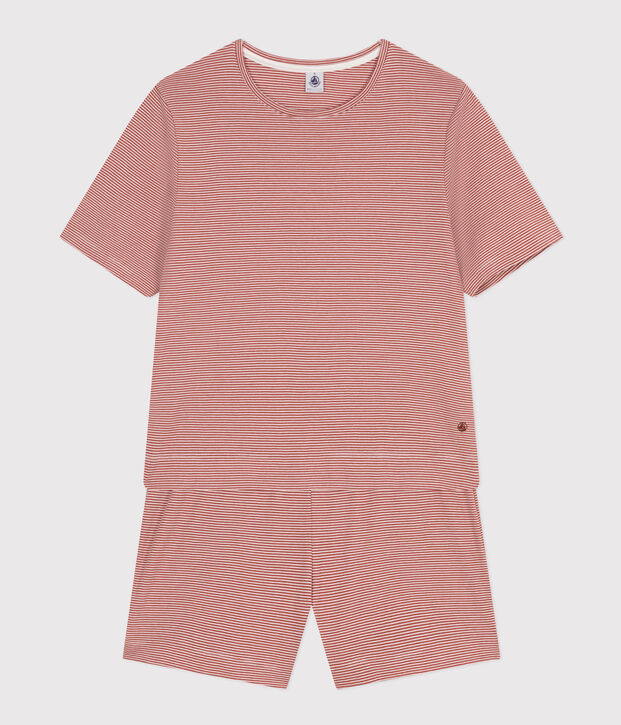 Pijama con pantal&oacute;n corto y camiseta de algod&oacute;n a rayas para mujer marron/blanco