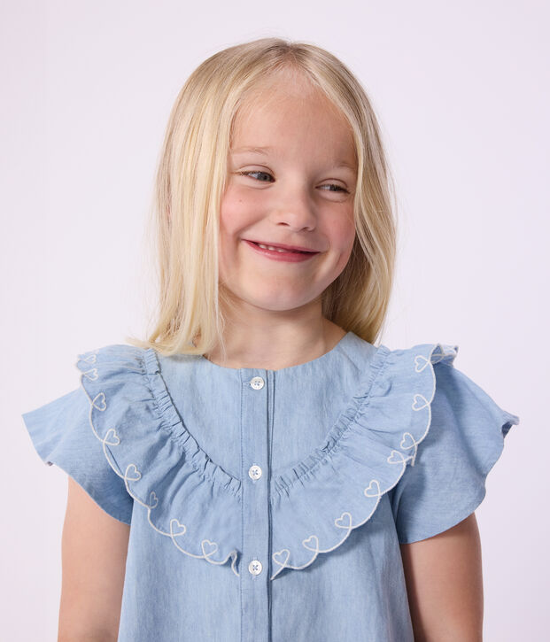 Blusa infantil lisa de manga corta de algod&oacute;n azul