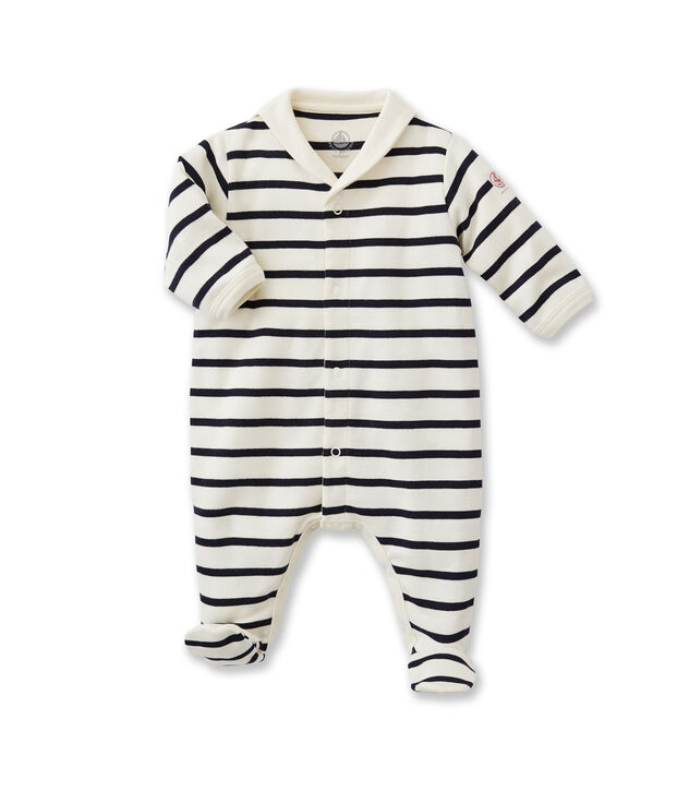 Pijama de beb&eacute; rayado con cuello blusa blanco/azul