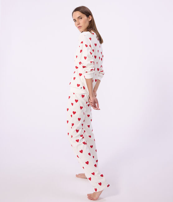 Pijama de algodón con estampado de corazones para mujer blanco MARSHMALLOW/rojo TERKUIT