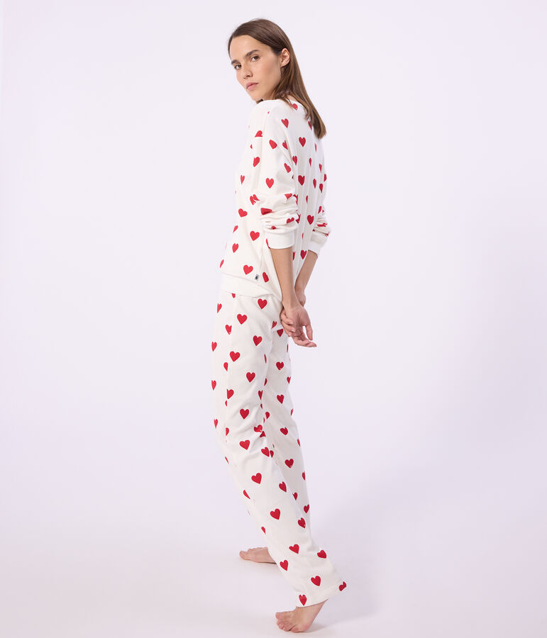 Pijama de algod&oacute;n con estampado de corazones para mujer blanco/rojo
