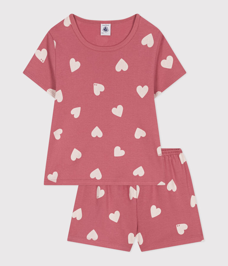 Pijama corto infantil de algod&oacute;n con corazones rosa/blanco