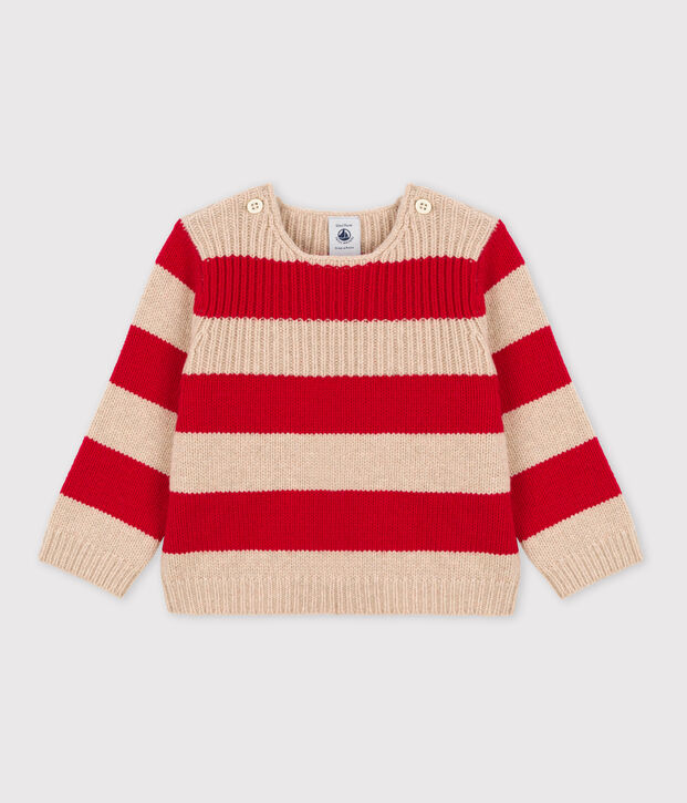Jersey de punto tricotado de lana y algod&oacute;n a rayas para beb&eacute; beige/rojo