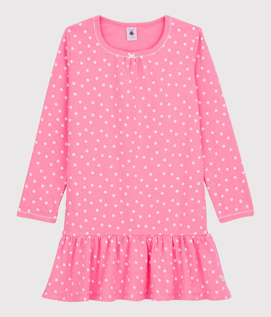 Camisón con volantes de niña de algodón rosa PETAL/blanco ECUME