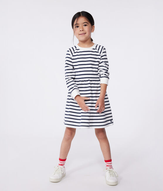 Vestido infantil de algodón de manga larga a rayas blanco MARSHMALLOW/azul SMOKING
