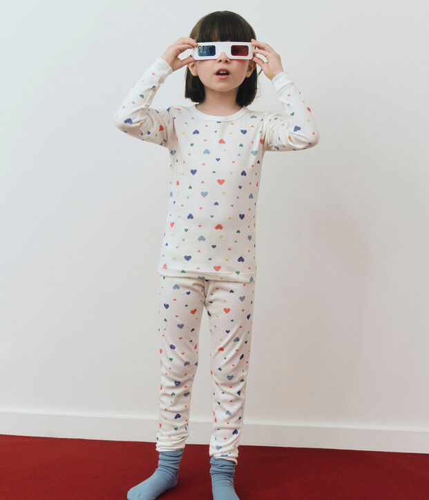 Pijama infantil de algod&oacute;n con estampado de corazones, muy entallado. blanco/multicolor
