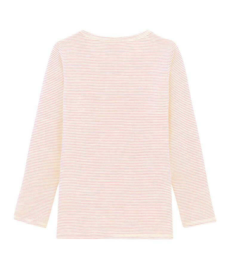 Camiseta infantil de manga larga en lana y algod&oacute;n rosa/blanco