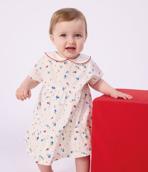 Vestido de algod&oacute;n de manga corta y pololo con estampado de flores para beb&eacute; blanco/multicolor