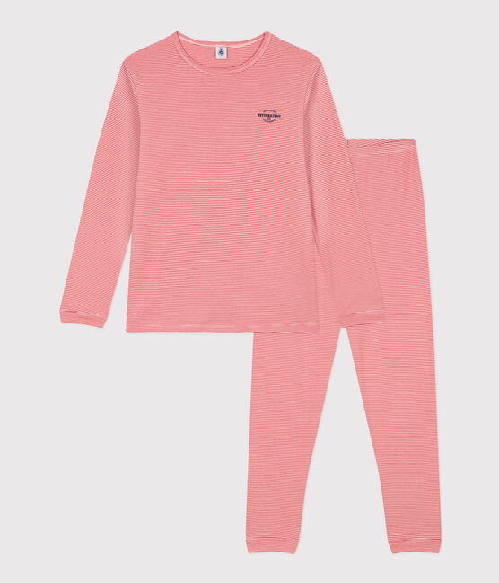Pijama de algodón a rayas para niño naranja OURSIN/blanco MARSHMALLOW