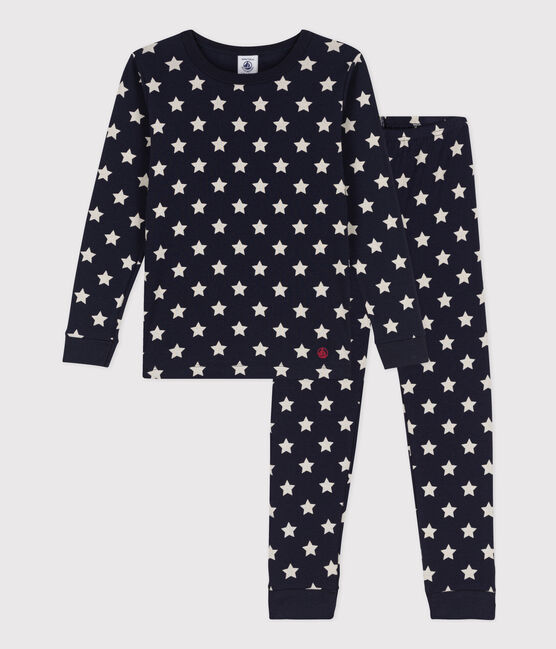 Pijama de algodón ajustado con estrellas para niño/niña azul SMOKING/blanco MARSHMALLOW