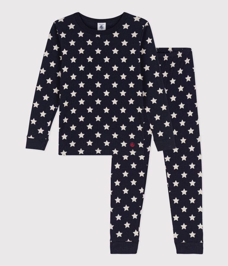 Pijama de algod&oacute;n ajustado con estrellas para ni&ntilde;o/ni&ntilde;a azul SMOKING/blanco MARSHMALLOW