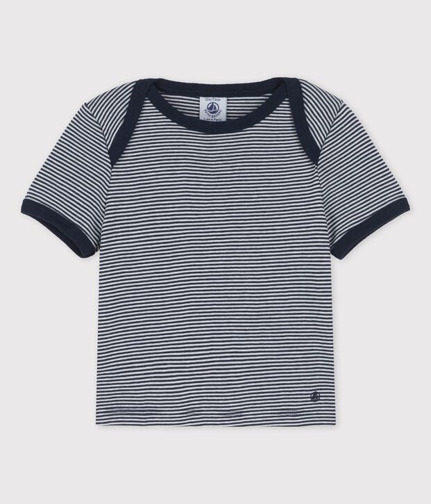 Camiseta de manga corta milrayas de algod&oacute;n ecol&oacute;gico de beb&eacute; azul/blanco