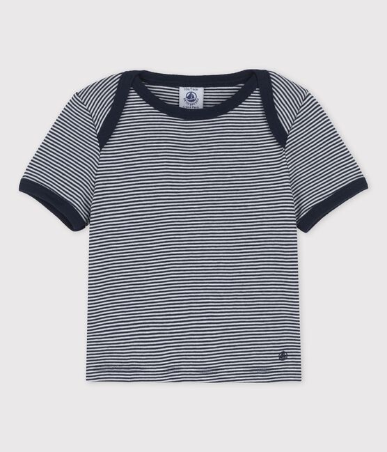 Camiseta de manga corta milrayas de algodón ecológico de bebé azul SMOKING/blanco MARSHMALLOW