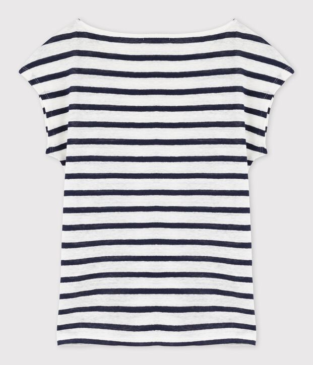Camiseta de lino rayado para mujer blanco/azul